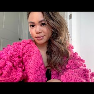 Hot pink heart pompon cardigan, 2XS fits loose